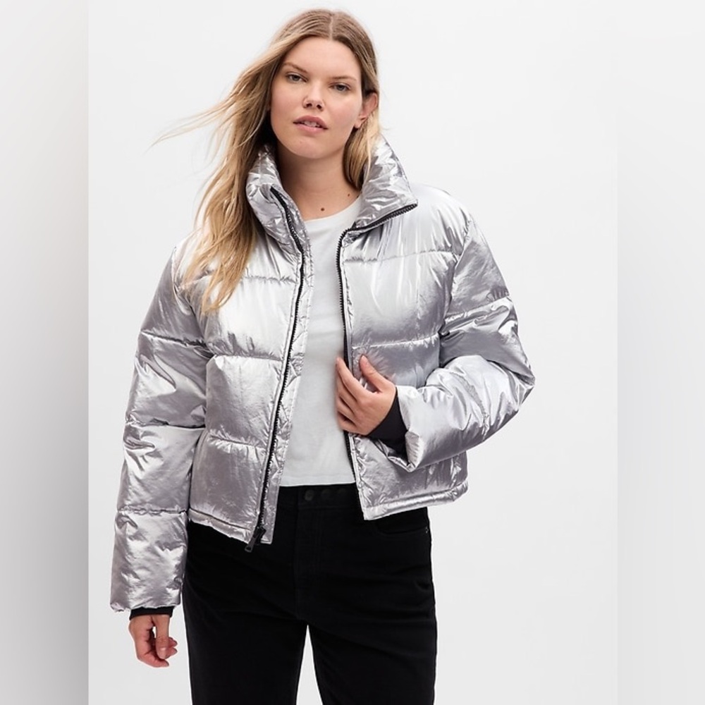 GAP Silver Metallic Crop Puffer Jacket Petite XS Y2K NEW w/ TAGS